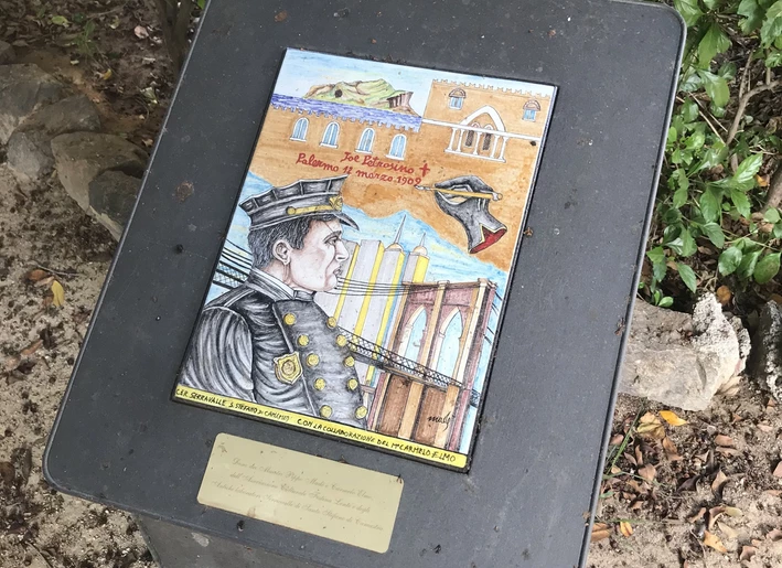 The memorial plaque for Joe Petrosino in the Giardino Garibaldi
