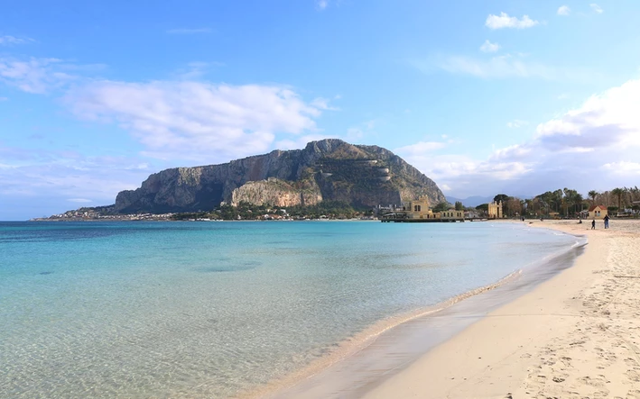 Mondello sand stand with view of Monte Pellegino