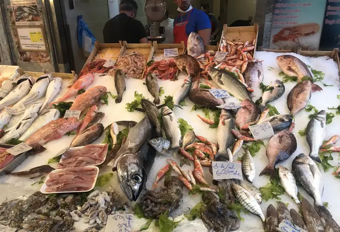 Market stall at the Del Capo market with fish