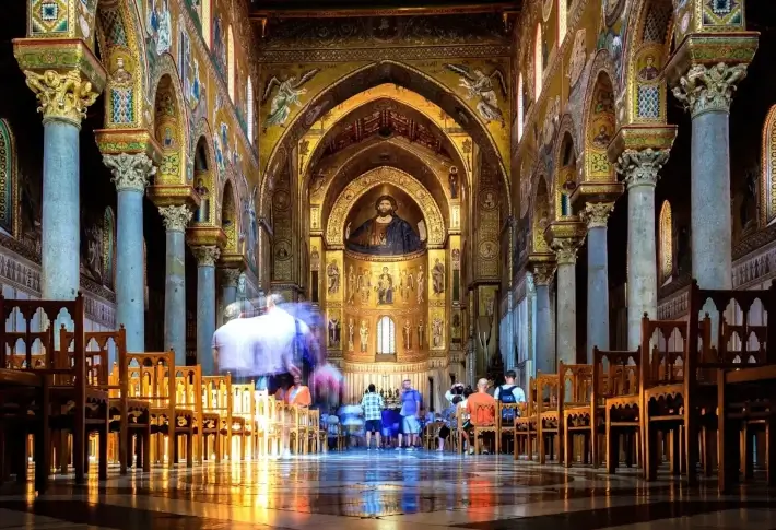 Jesus Christ above the altar in the interior of Monreale Cathedral